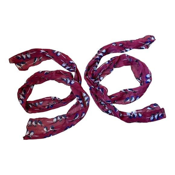 Pair Lightweight Bird Print Scarf, Maroon, Fashion Scarf, Hair Tie, Summer Wrap - Picture 2 of 7